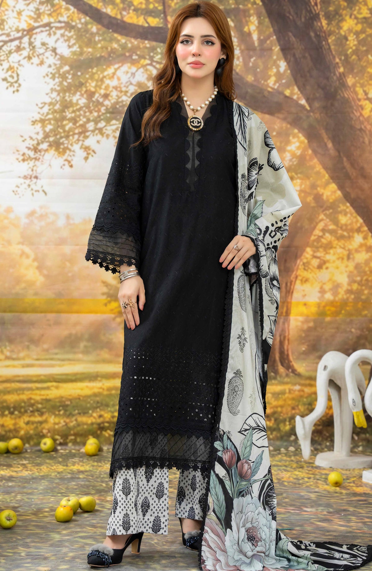 Johra Black Pearl Chikankari Lawn Unstitched 3 Piece Suit - JS-712 - JH26BP - Black - Summer Collection