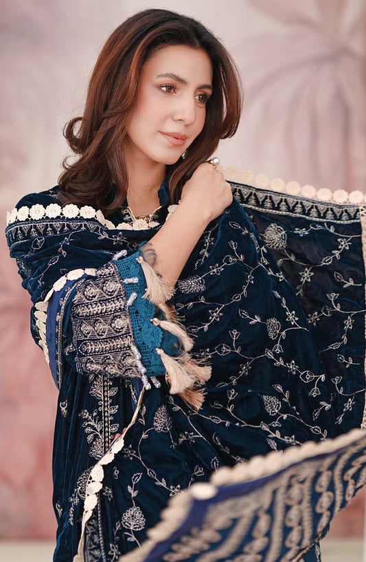 Johra Signature Premium Embroidered Velvet Unstitched 3 Piece Suit - JW-609 - JH25SGN - Blue - Winter Collection