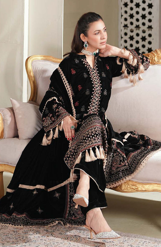 Johra Signature Premium Embroidered Velvet Unstitched 3 Piece Suit - JW-608 - JH25SGN - Black - Winter Collection