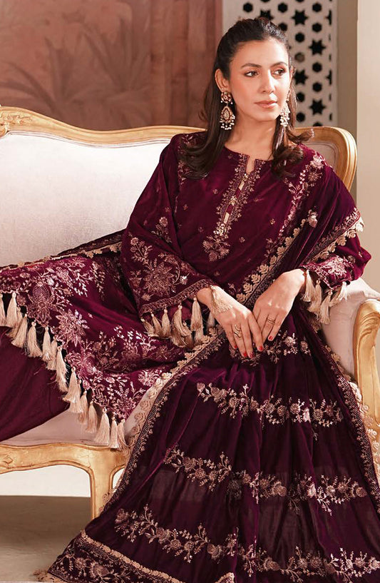 Johra Signature Premium Embroidered Velvet Unstitched 3 Piece Suit - JW-607 - JH25SGN - Maroon - Winter Collection