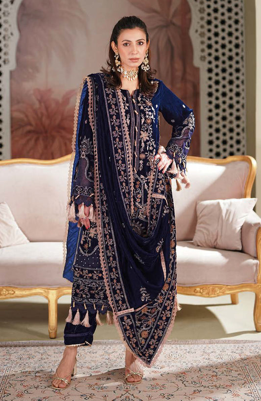 Johra Signature Premium Embroidered Velvet Unstitched 3 Piece Suit - JW-606 - JH25SGN - Blue - Winter Collection
