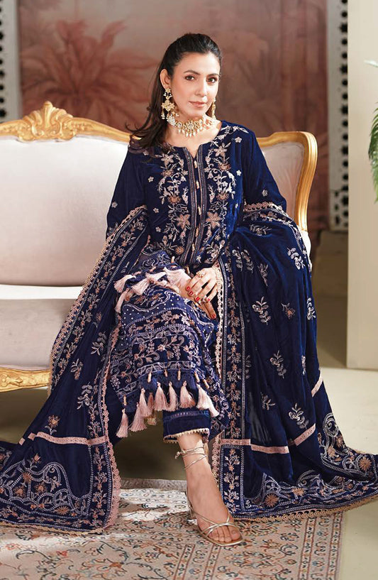 Johra Signature Premium Embroidered Velvet Unstitched 3 Piece Suit - JW-606 - JH25SGN - Blue - Winter Collection