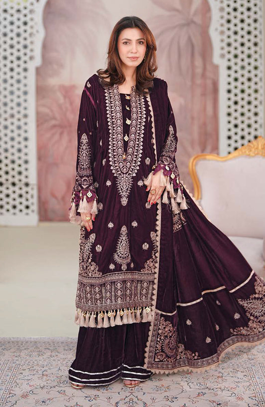 Johra Signature Premium Embroidered Velvet Unstitched 3 Piece Suit - JW-604 - JH25SGN - Purple - Winter Collection