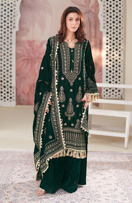Johra Signature Premium Embroidered Velvet Unstitched 3 Piece Suit - JW-603 - JH25SGN - Green - Winter Collection