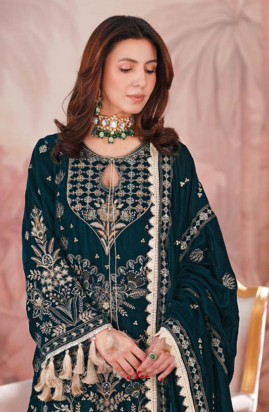 Johra Signature Premium Embroidered Velvet Unstitched 3 Piece Suit - JW-602 - JH25SGN - Teal - Winter Collection