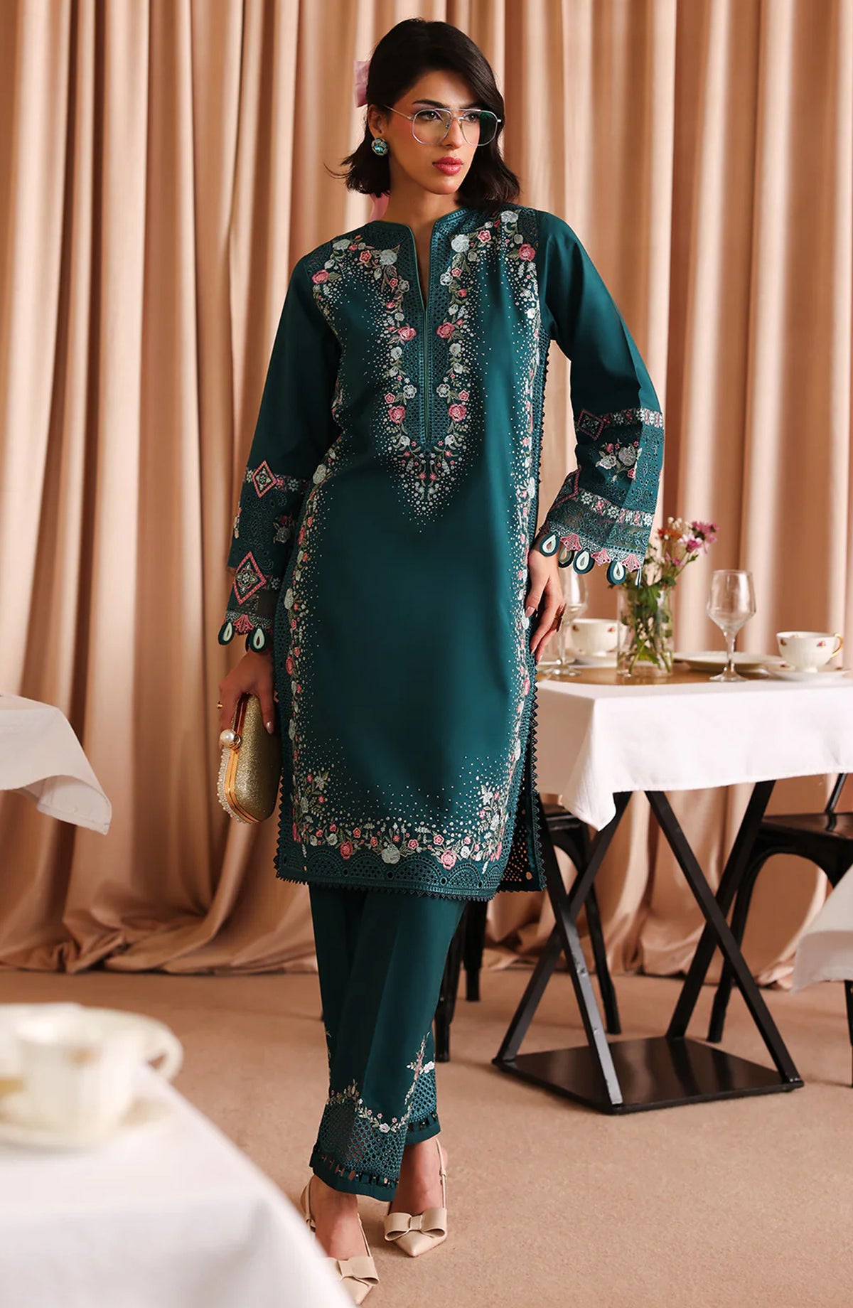 Joy Embroidered Lawn Stitched 2 Piece Suit - Faye - JY26ED - Teal - Eid Collection