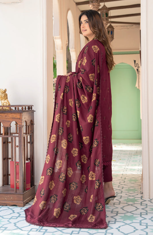 Jugnoo by Riaz Arts Premium Embroidered Dhanak Unstitched 3 Piece Suit - Design-07 - RA25JUG - Maroon - Winter Collection