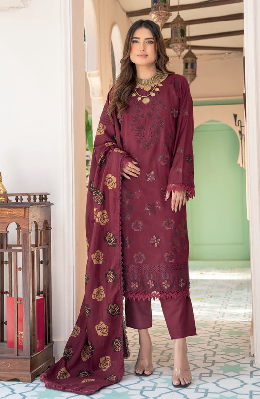 Jugnoo by Riaz Arts Premium Embroidered Dhanak Unstitched 3 Piece Suit - Design-07 - RA25JUG - Maroon - Winter Collection