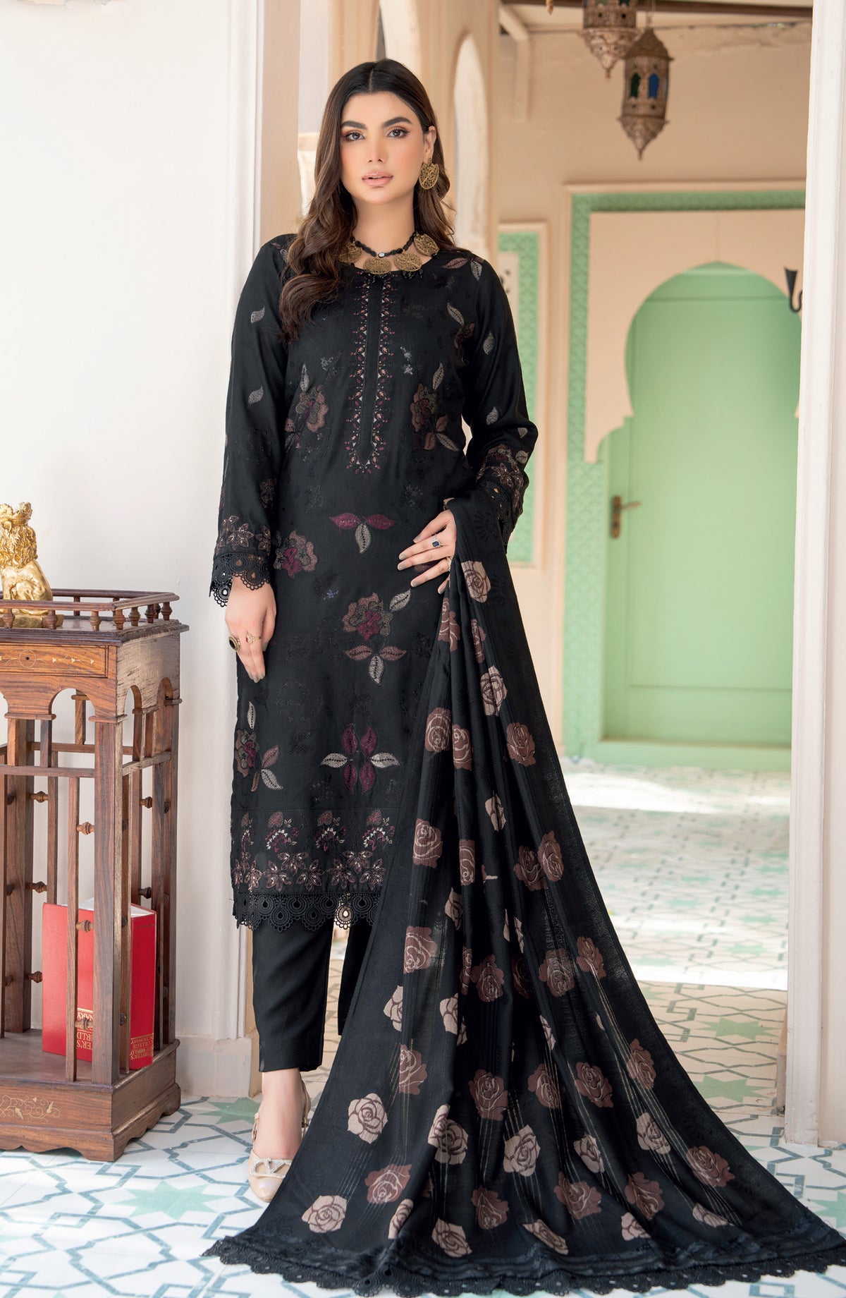 Jugnoo by Riaz Arts Premium Embroidered Dhanak Unstitched 3 Piece Suit - Design-06 - RA25JUG - Black - Winter Collection