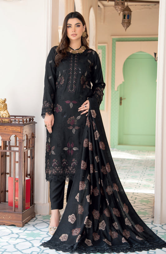 Jugnoo by Riaz Arts Premium Embroidered Dhanak Unstitched 3 Piece Suit - Design-06 - RA25JUG - Black - Winter Collection