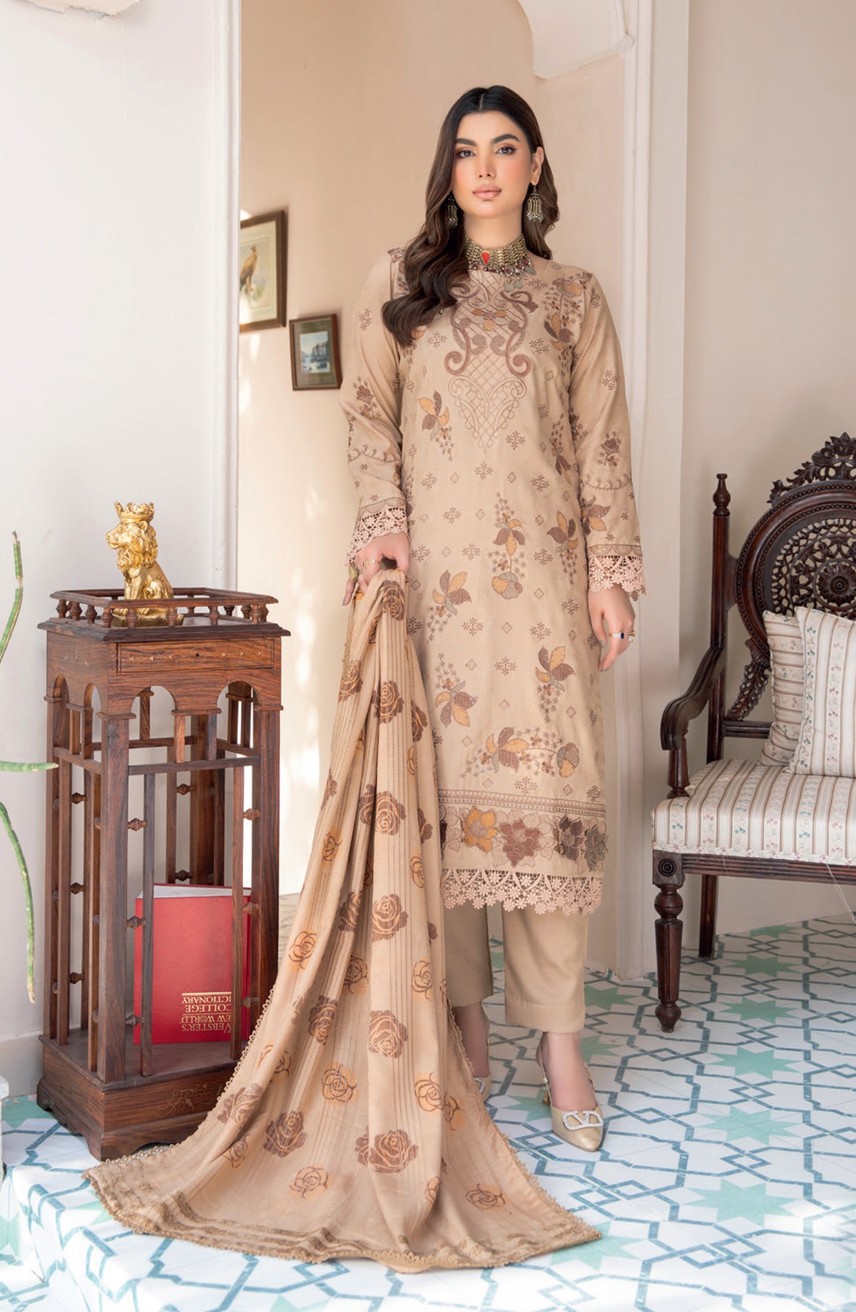 Jugnoo by Riaz Arts Premium Embroidered Dhanak Unstitched 3 Piece Suit - Design-05 - RA25JUG - Beige - Winter Collection