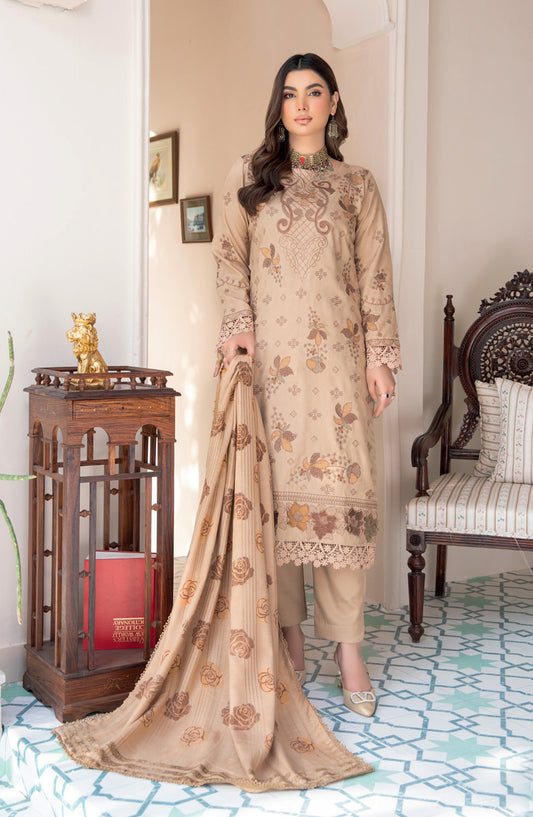 Jugnoo by Riaz Arts Premium Embroidered Dhanak Unstitched 3 Piece Suit - Design-05 - RA25JUG - Beige - Winter Collection