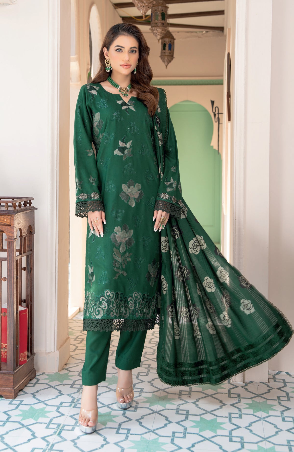 Jugnoo by Riaz Arts Premium Embroidered Dhanak Unstitched 3 Piece Suit - Design-04 - RA25JUG - Green - Winter Collection