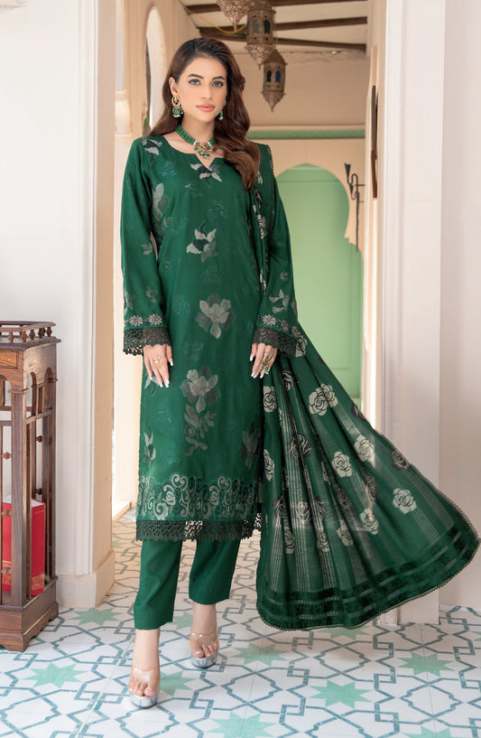 Jugnoo by Riaz Arts Premium Embroidered Dhanak Unstitched 3 Piece Suit - Design-04 - RA25JUG - Green - Winter Collection