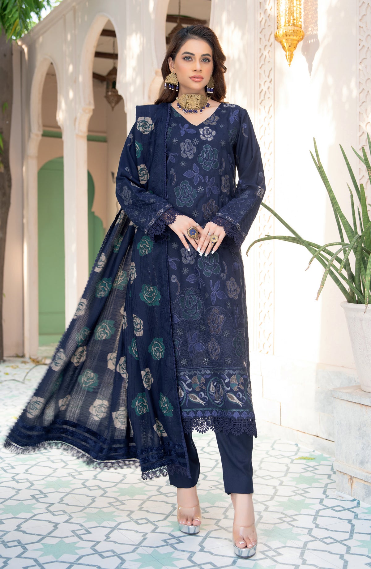 Jugnoo by Riaz Arts Premium Embroidered Dhanak Unstitched 3 Piece Suit - Design-02 - RA25JUG - Blue - Winter Collection