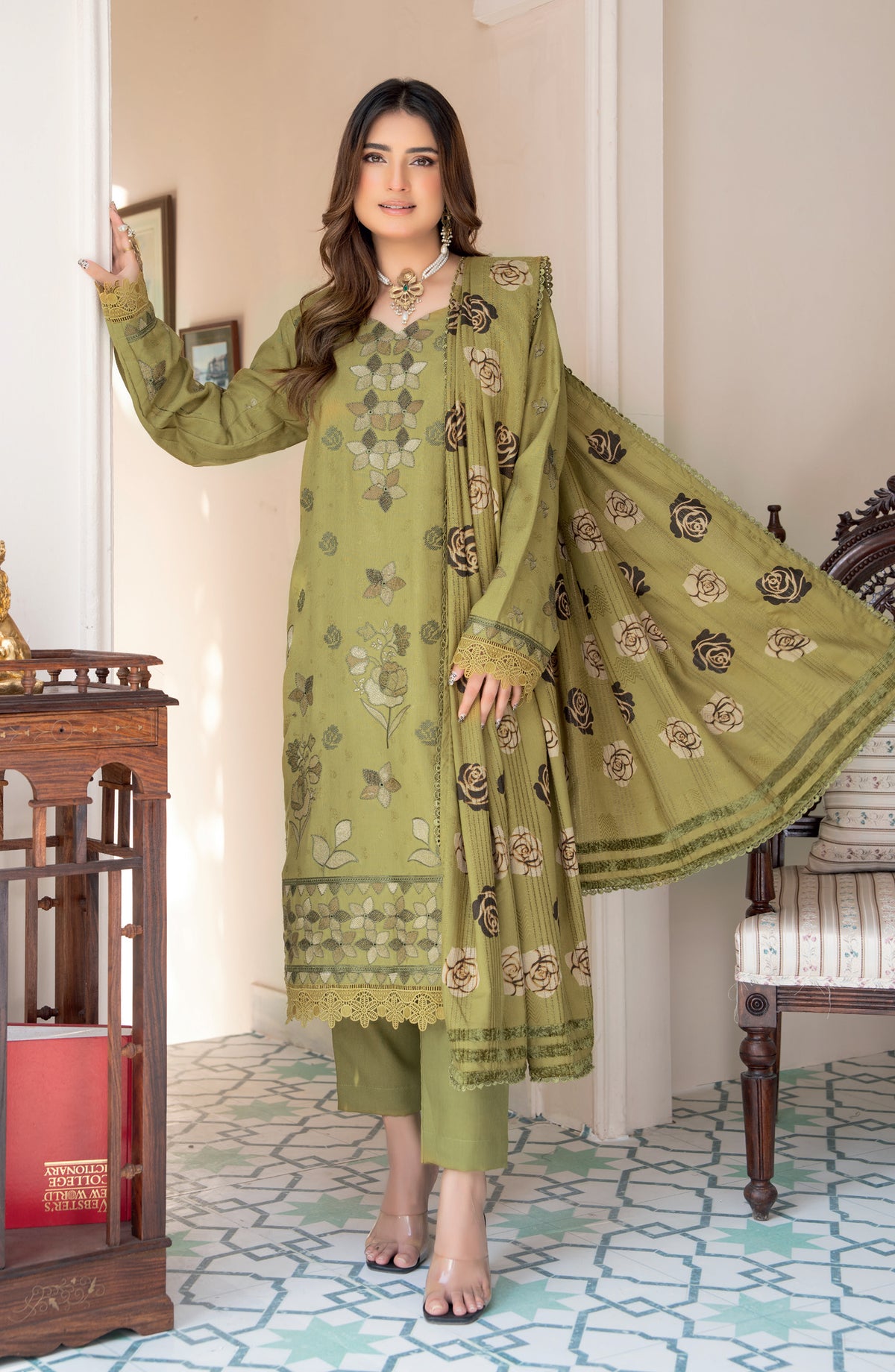 Jugnoo by Riaz Arts Premium Embroidered Dhanak Unstitched 3 Piece Suit - Design-01 - RA25JUG - Green - Winter Collection