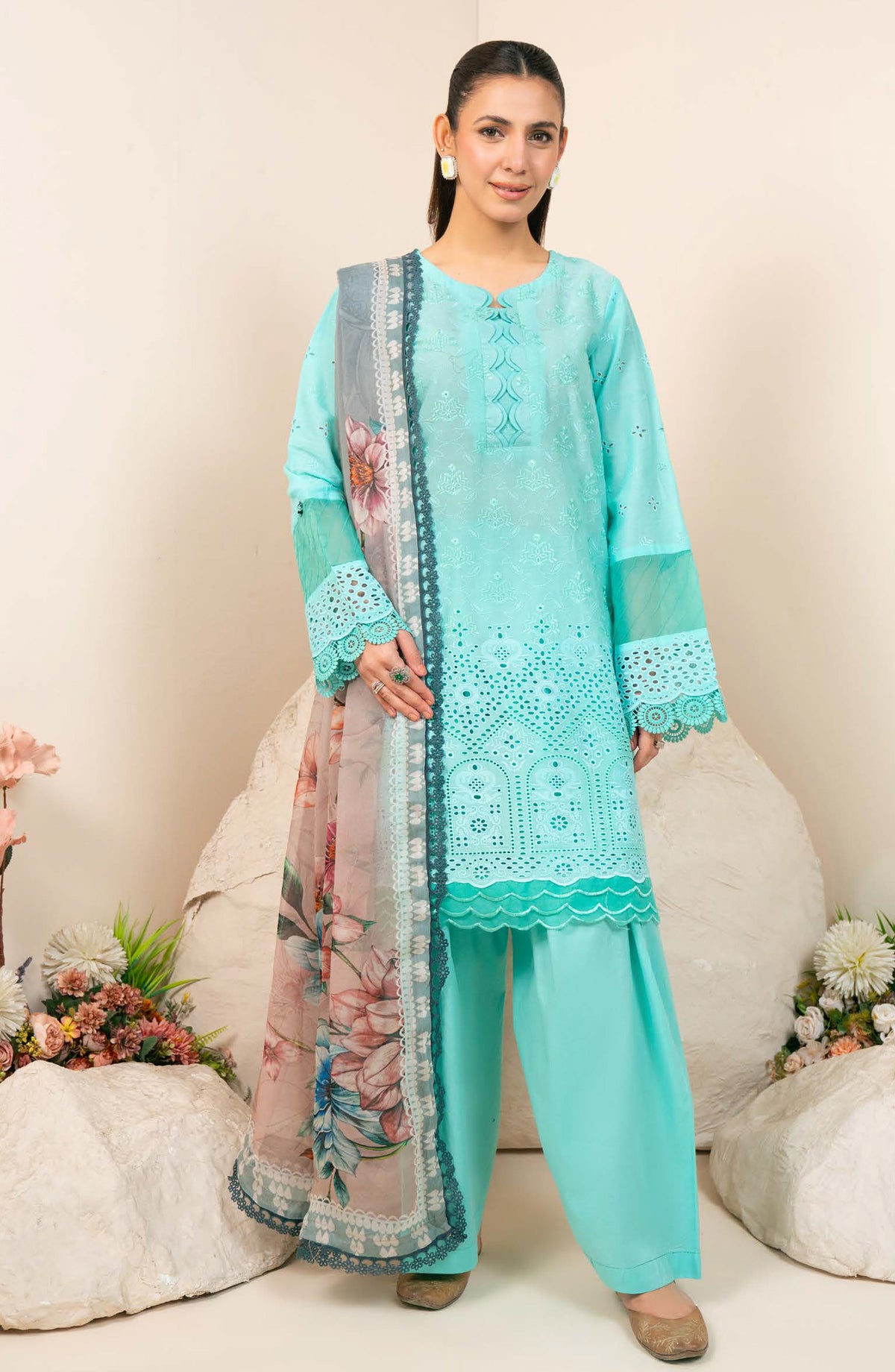 Kaashvi by Johra Embroidered Chikankari Lawn Unstitched 3 Piece Suit - JS-140 - JH26KVI - Ferozi - Summer Collection