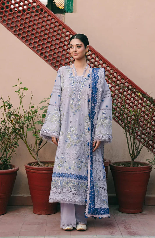 Kahf Ek Fasana Luxury Embroidered Lawn Unstitched 3 Piece Suit - 7B -Nazneen - KHP26FS - Blue - Festive Collection