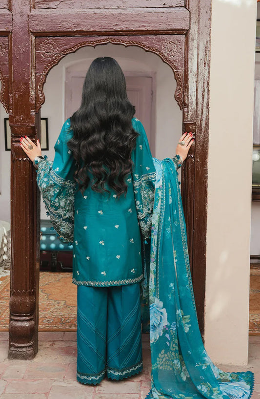 Kahf Ek Fasana Luxury Embroidered Lawn Unstitched 3 Piece Suit - 5A -Morni - KHP26FS - Teal - Festive Collection