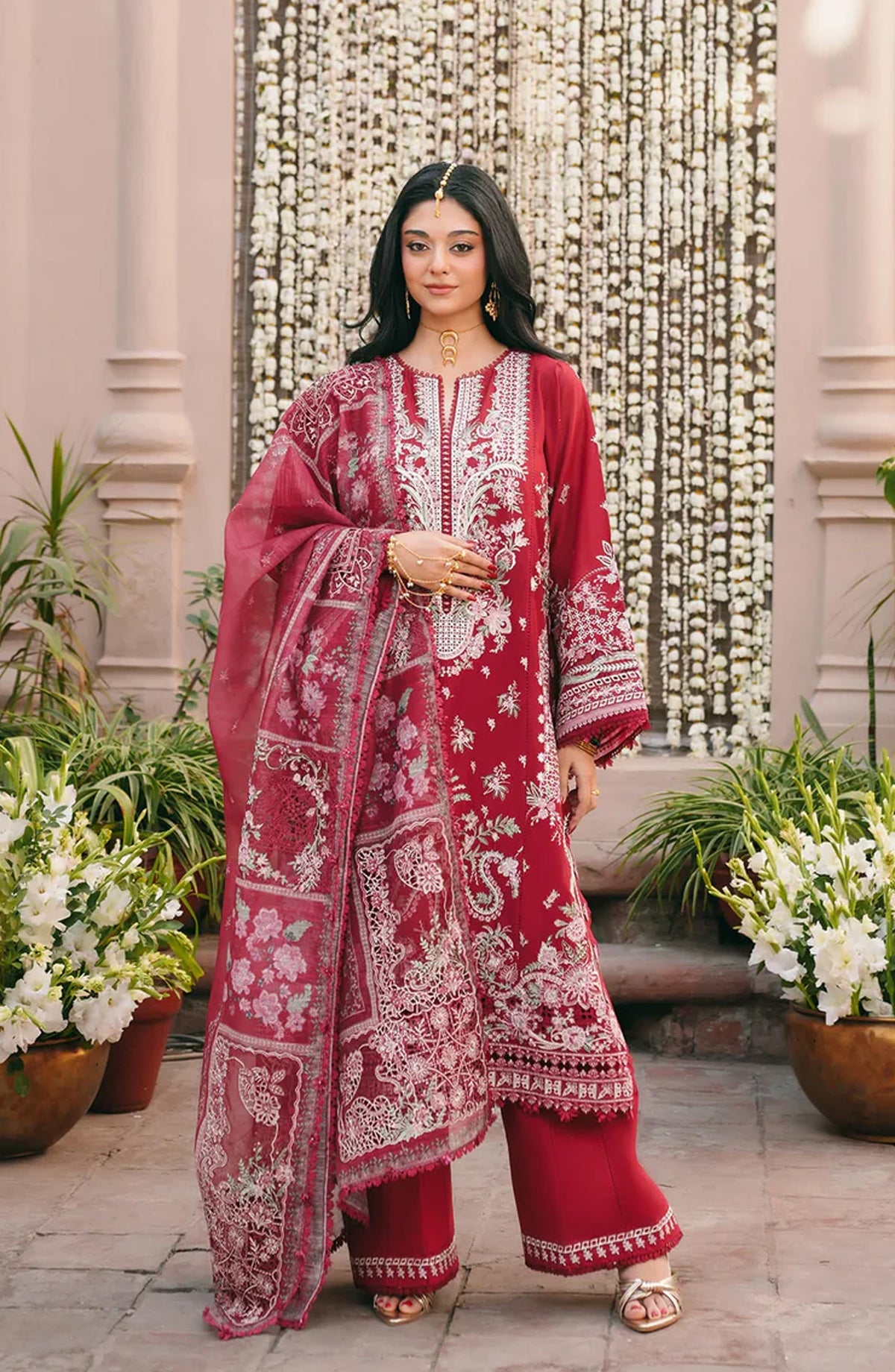 Kahf Ek Fasana Luxury Embroidered Lawn Unstitched 3 Piece Suit - 1B -Mahrani - KHP26FS - Red - Festive Collection