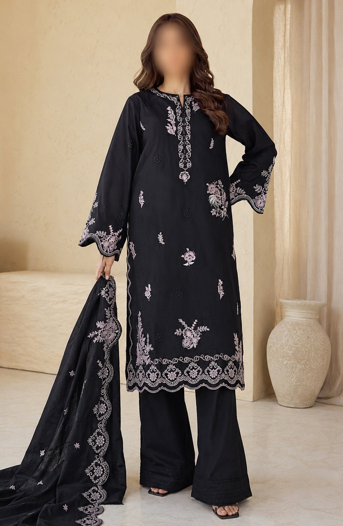 Kajal Monochrome by Amna Khadija Embroidered Lawn Stitched 3 Piece Suit - AKKJ-01 - AM26KKJ - Black - Summer Collection