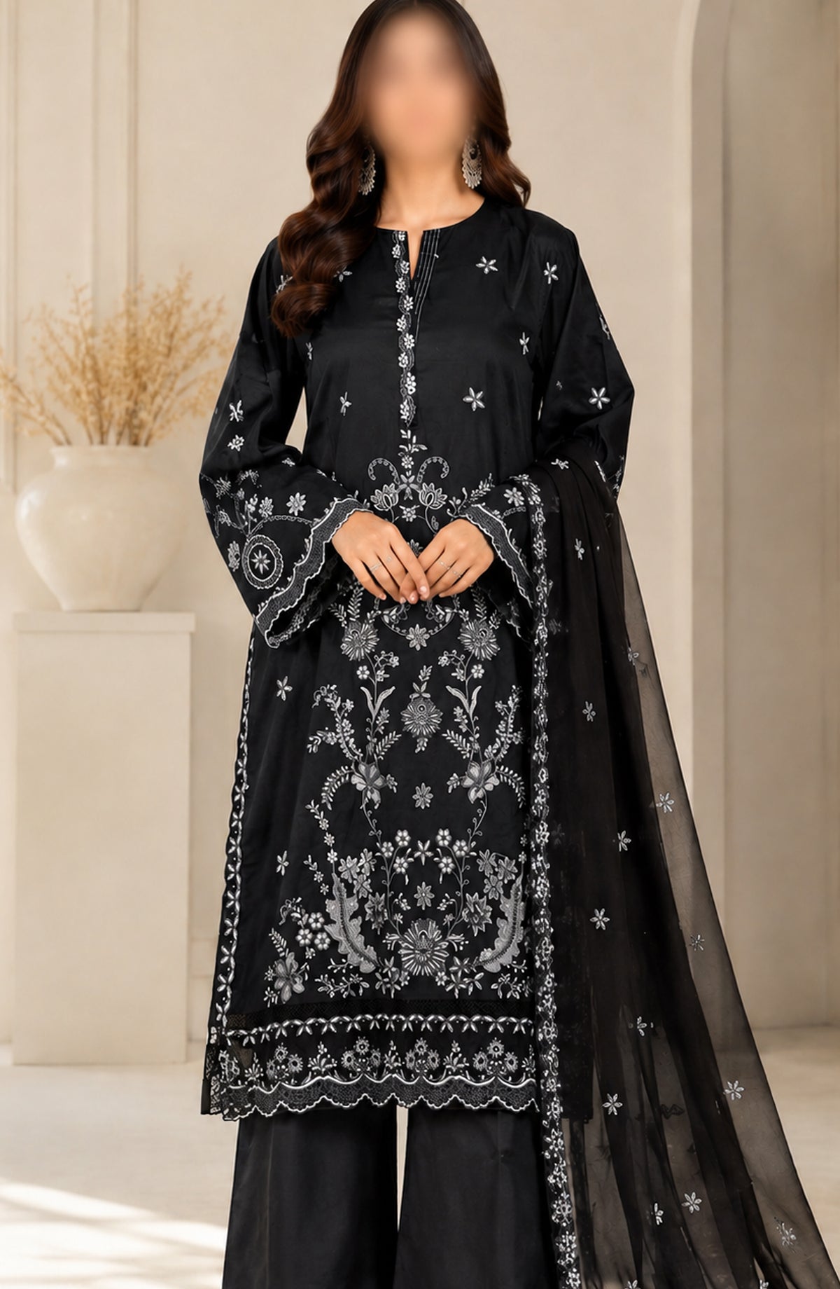 Kajal Monochrome by Amna Khadija Embroidered Lawn Stitched 3 Piece Suit - AKKJ-03 - AM26KKJ - Black - Summer Collection