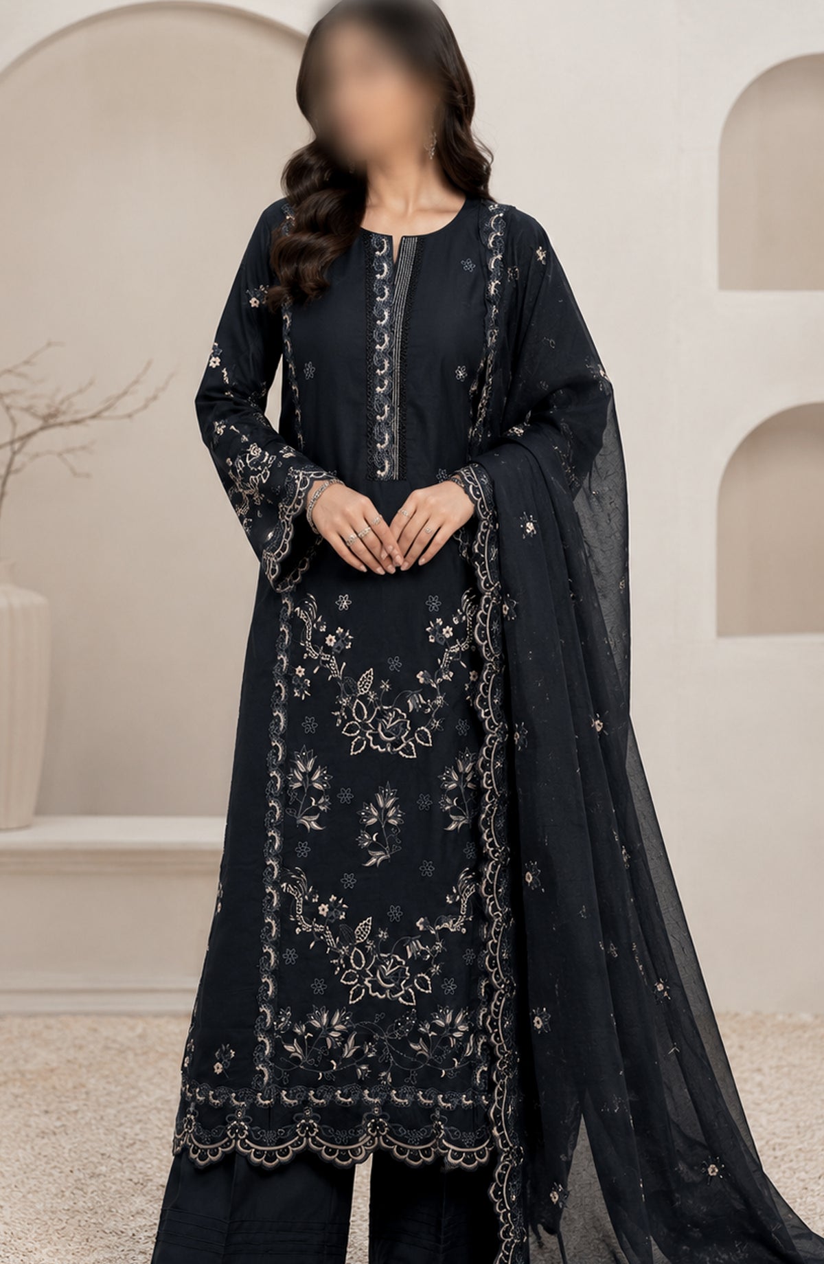 Kajal Monochrome by Amna Khadija Embroidered Lawn Stitched 3 Piece Suit - AKKJ-04 - AM26KKJ - Black - Summer Collection