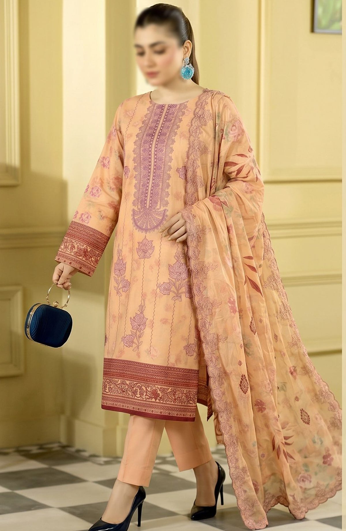 Kayseria by Al Karim Embroidered Lawn Unstitched 3 Piece Suit - D-02 - AK26KYS - Peach - Summer Collection