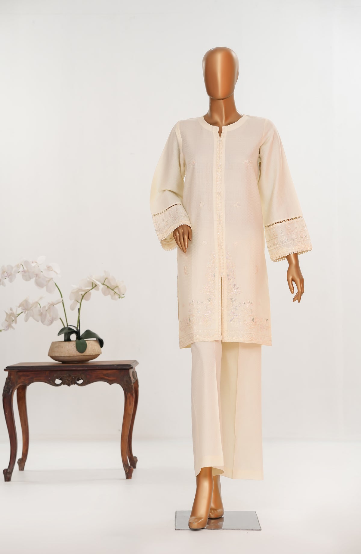 Khait Pret by Amna Khadija Embroidered Dobby Cotton Stitched 2 Piece Co ord Set - AKKP-05 - AM25KHAI - Cream - Casual Collection