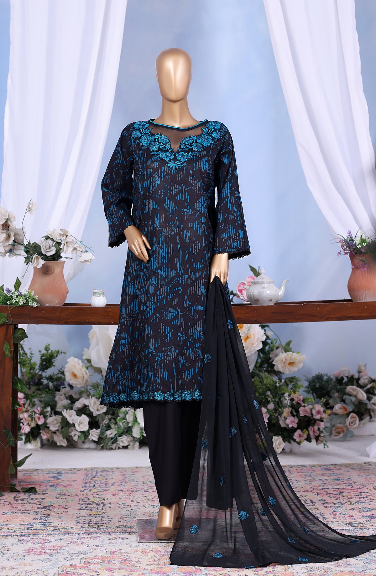 Khombi Embroidered Cotton Stitched 3 Piece Suit - Design-02 - KHM25CT - Blue - Formals Collection