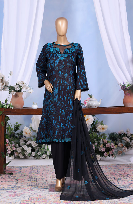 Khombi Embroidered Cotton Stitched 3 Piece Suit - Design-02 - KHM25CT - Blue - Formals Collection