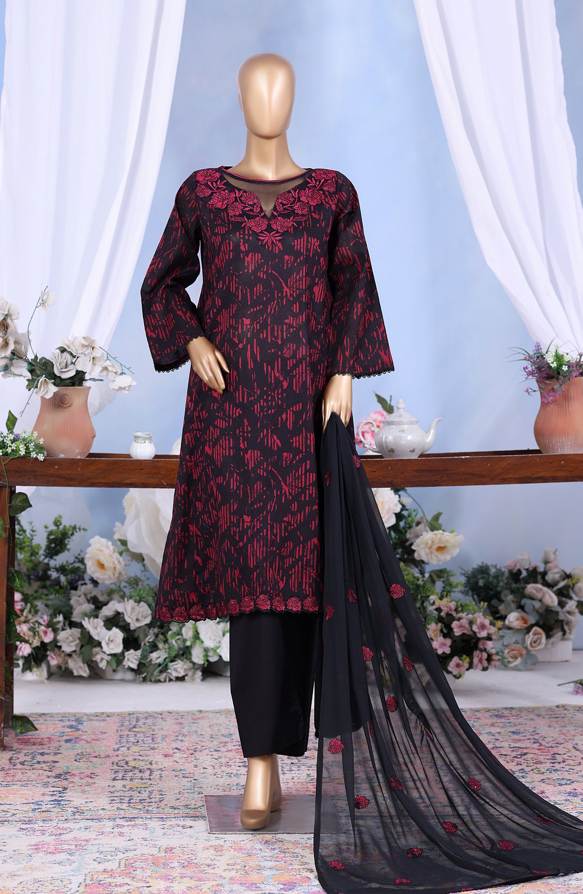 Khombi Embroidered Cotton Stitched 3 Piece Suit - Design-01 - KHM25CT - Maroon - Formals Collection