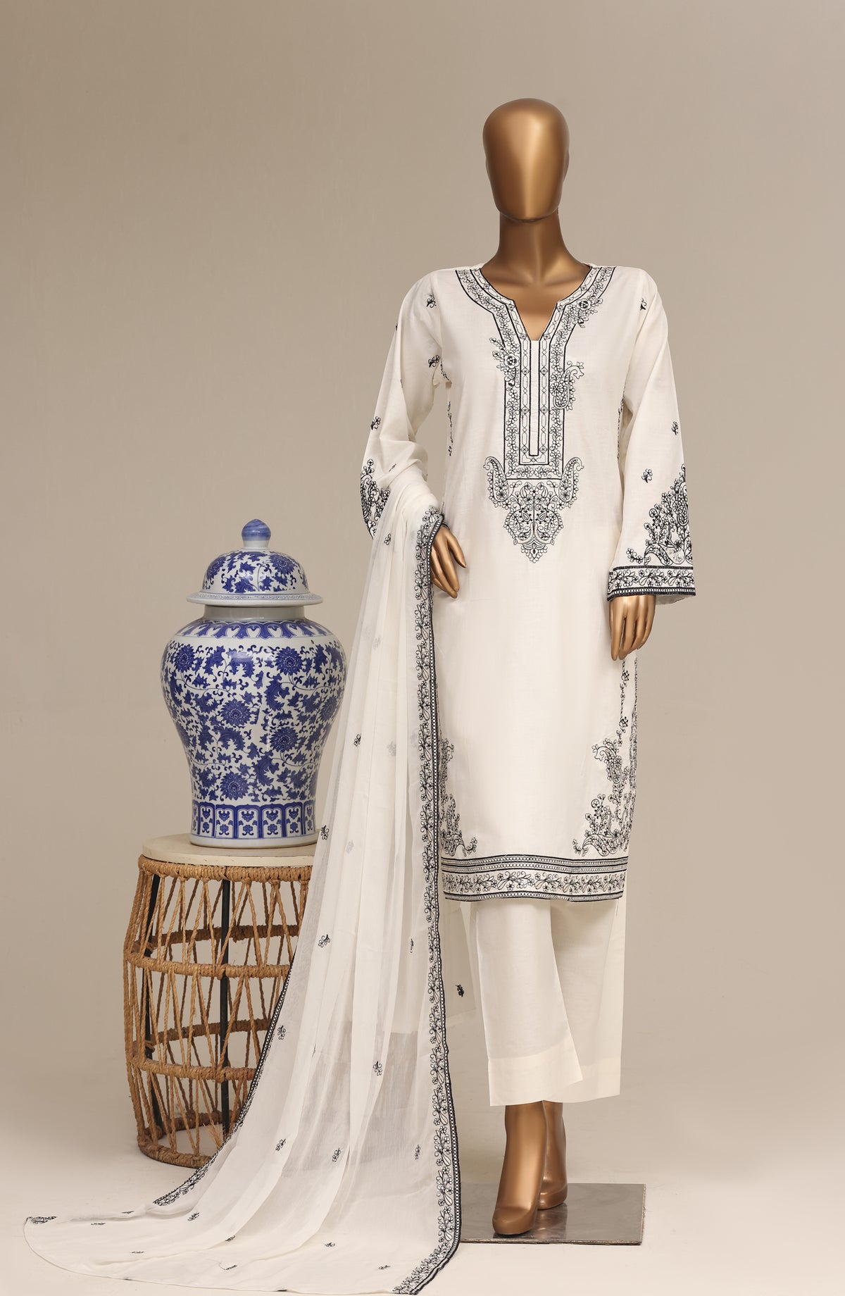 Khombi Luxury Embroidered Cotton Stitched 3 Piece Suit - 01 Sketch - KHM26PRF - White - Formal Collection