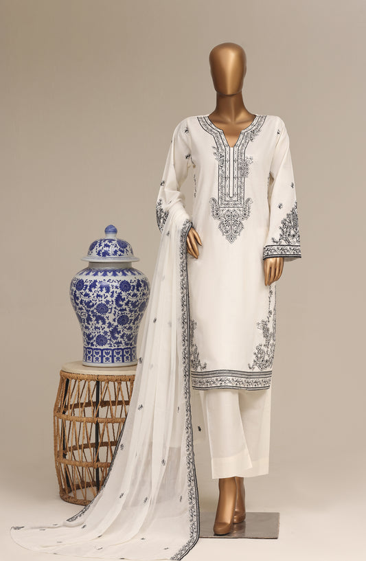 Khombi Luxury Embroidered Cotton Stitched 3 Piece Suit - 01 Sketch - KHM26PRF - White - Formal Collection