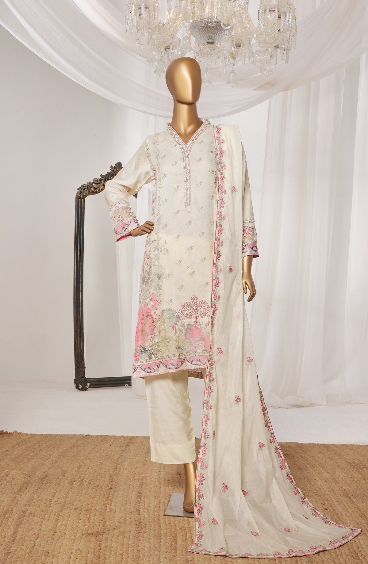 Khombi by Paisley Embroidered Silk Stitched 3 Piece Suit - Bliss - KHM25PS - White - Festive Collection