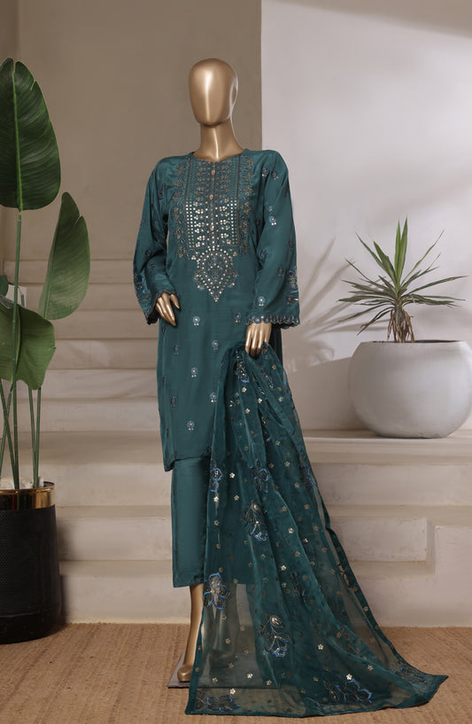 Khombi by Paisley Embroidered Raw Silk Stitched 3 Piece Suit - Curl-B - KHM25PS - Green - Festive Collection