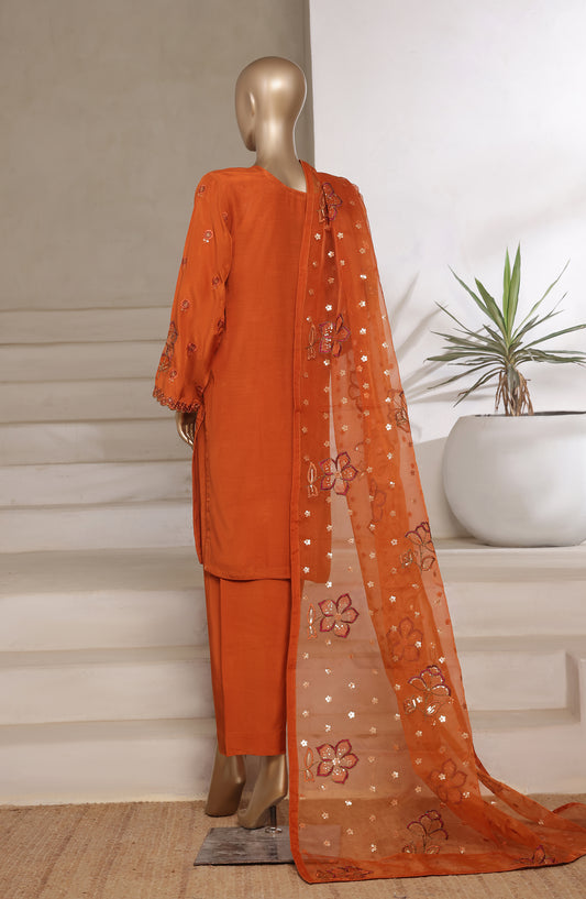 Khombi by Paisley Embroidered Raw Silk Stitched 3 Piece Suit - Curl-A - KHM25PS - Rust - Festive Collection