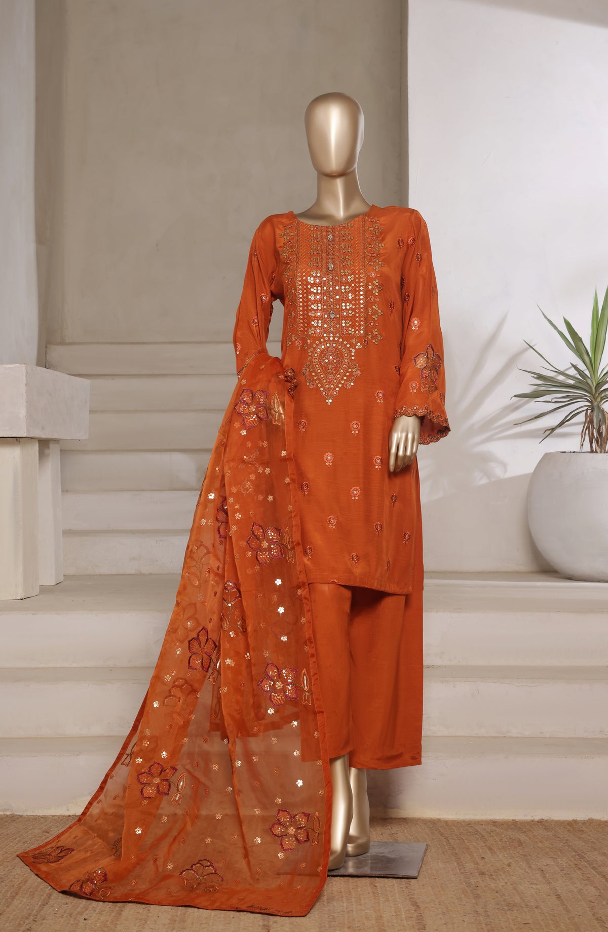 Khombi by Paisley Embroidered Raw Silk Stitched 3 Piece Suit - Curl-A - KHM25PS - Rust - Festive Collection