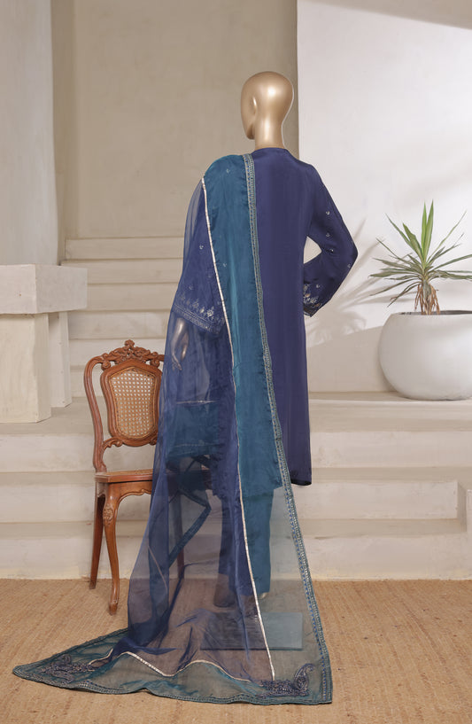 Khombi by Paisley Embroidered Raw Silk Stitched 3 Piece Suit - Delight-B - KHM25PS - Blue - Festive Collection