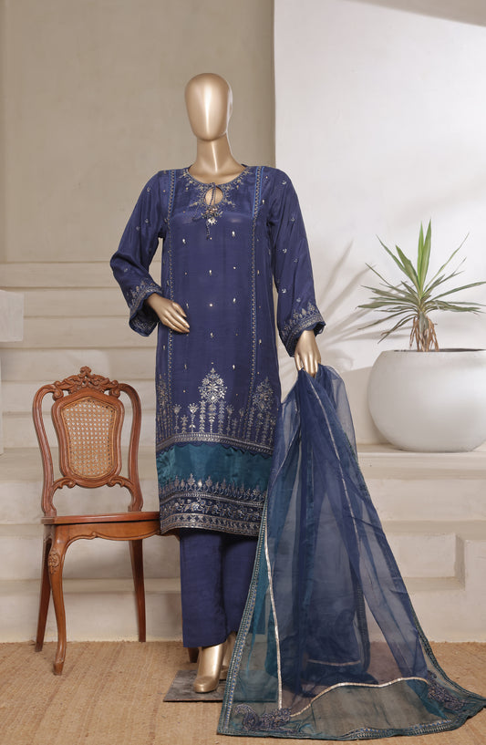 Khombi by Paisley Embroidered Raw Silk Stitched 3 Piece Suit - Delight-B - KHM25PS - Blue - Festive Collection