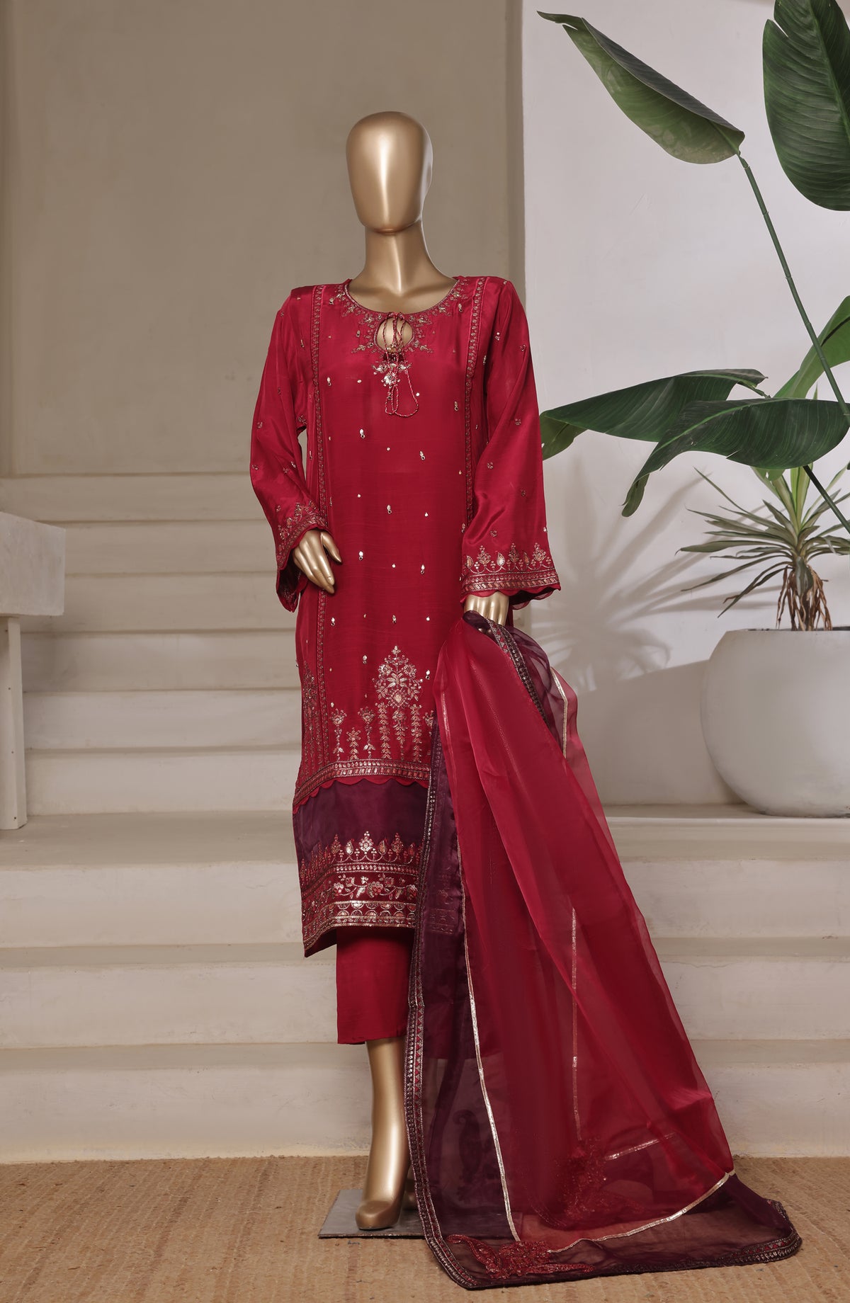 Khombi by Paisley Embroidered Raw Silk Stitched 3 Piece Suit - Delight-A - KHM25PS - Red - Festive Collection