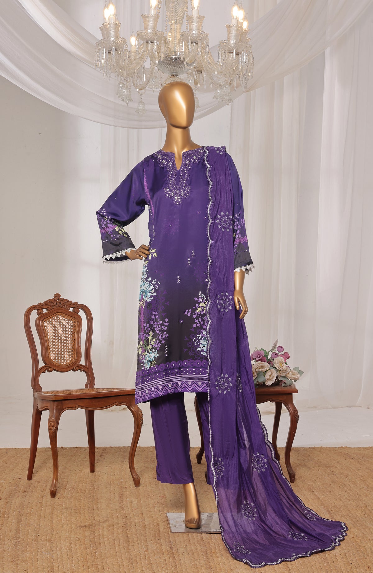 Khombi by Paisley Embroidered Silk Stitched 3 Piece Suit - Triangle-A - KHM25PS - Purple - Festive Collection