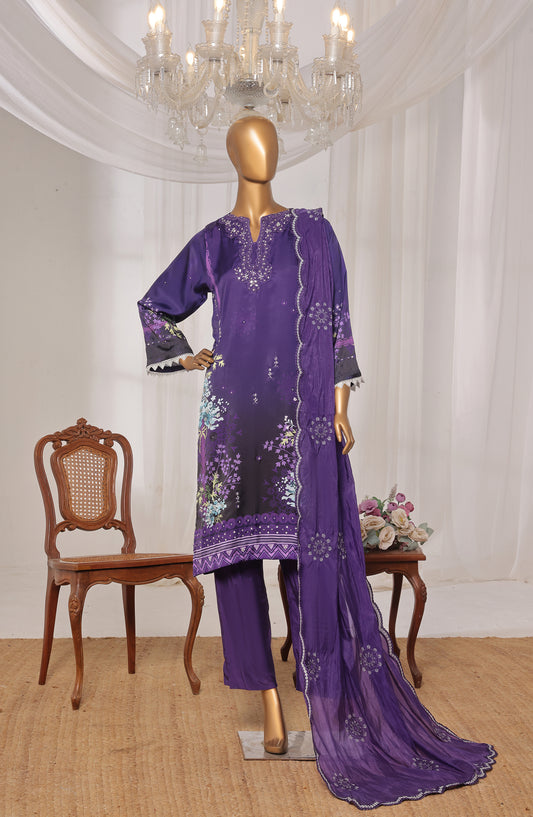 Khombi by Paisley Embroidered Silk Stitched 3 Piece Suit - Triangle-A - KHM25PS - Purple - Festive Collection