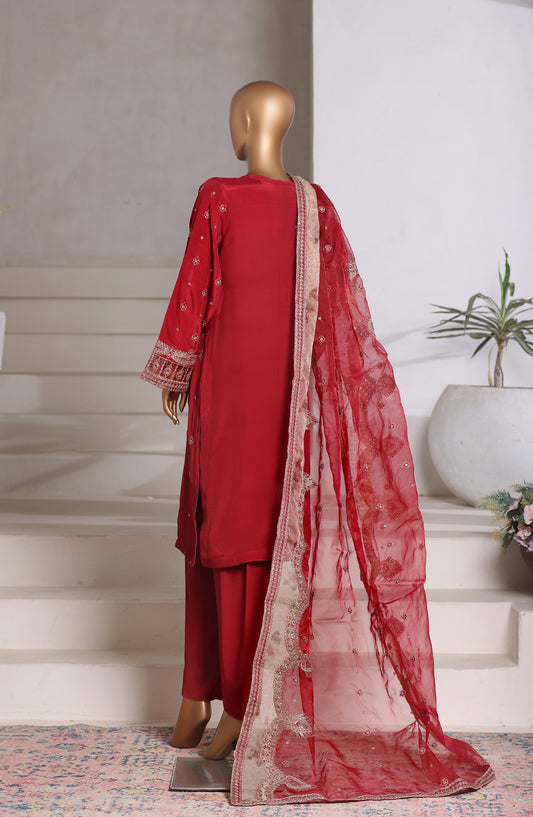 Khombi Embroidered Raw Silk Stitched 3 Piece Suit - Design-03 - KHM25RSL - Red - Formal Collection