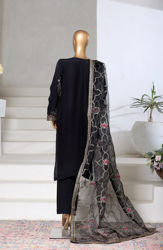 Khombi Embroidered Raw Silk Stitched 3 Piece Suit - Design-01 - KHM25RSL - Black - Formal Collection