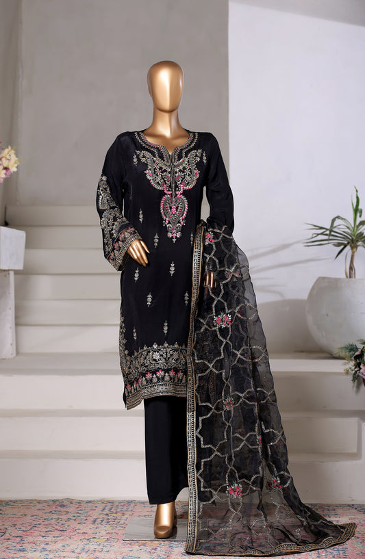 Khombi Embroidered Raw Silk Stitched 3 Piece Suit - Design-01 - KHM25RSL - Black - Formal Collection