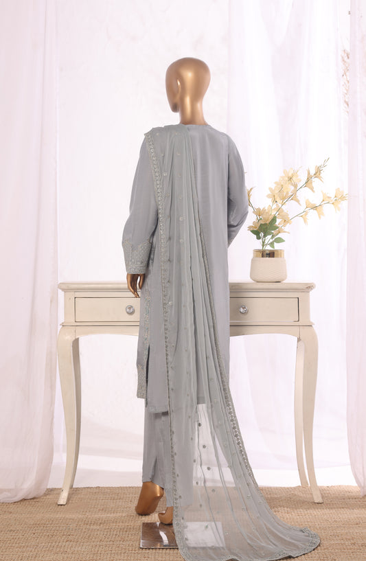 Khombi Embroidered Raw Silk Stitched 3 Piece Suit - D-02 - KHM26FR - Grey - Formal Collection