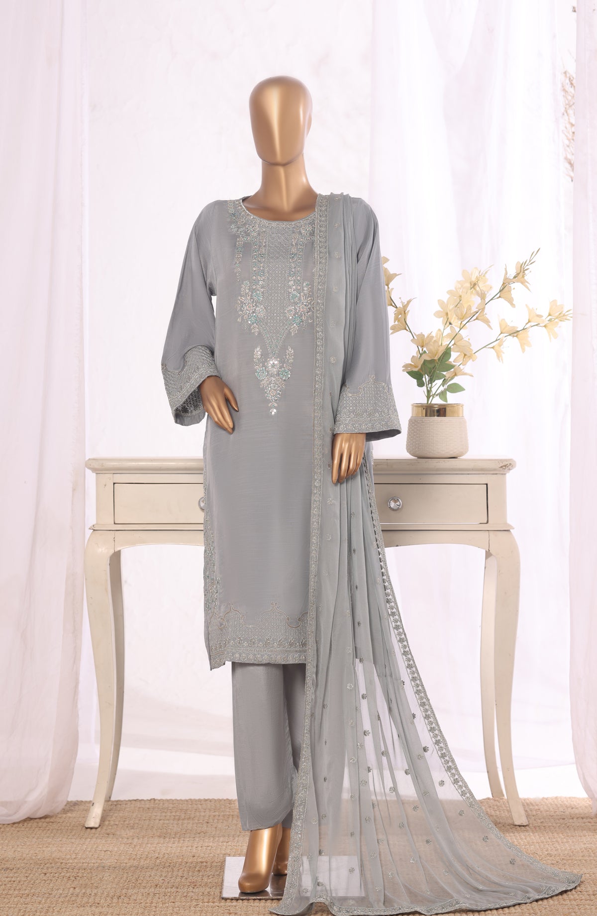Khombi Embroidered Raw Silk Stitched 3 Piece Suit - D-02 - KHM26FR - Grey - Formal Collection