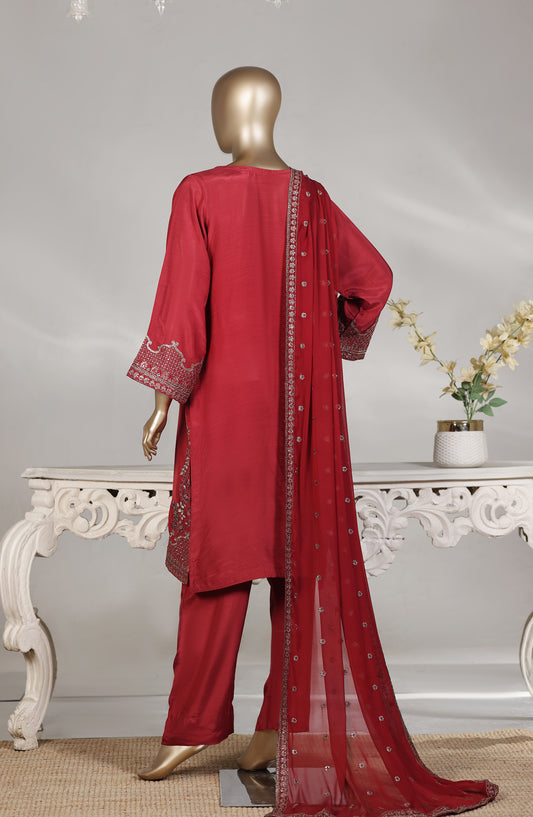 Khombi Embroidered Raw Silk Stitched 3 Piece Suit - D-01 - KHM26FR - Red - Formal Collection