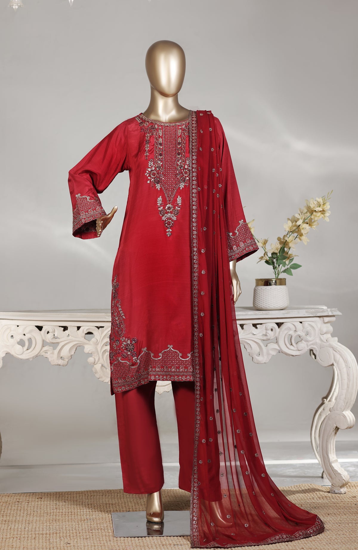 Khombi Embroidered Raw Silk Stitched 3 Piece Suit - D-01 - KHM26FR - Red - Formal Collection